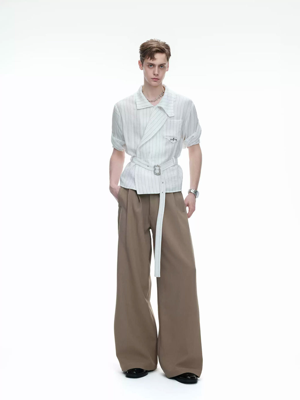 Argue Culture Asymmetric Tie-Waist Stripe Shirt - gallery view 5