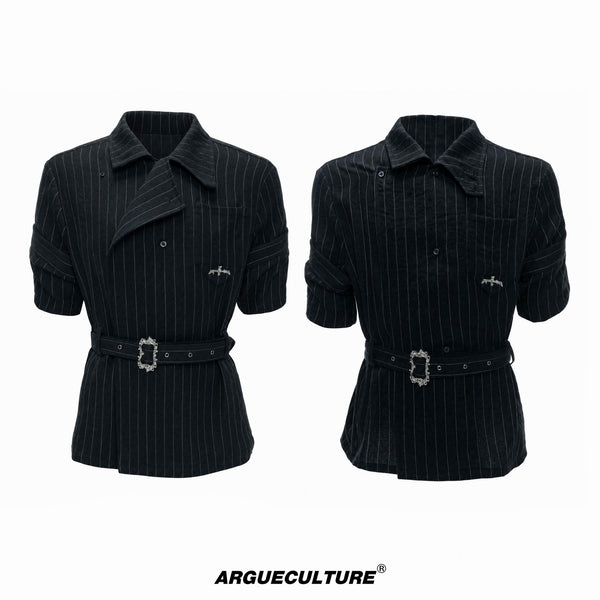 Argue Culture Asymmetric Tie-Waist Stripe Shirt - color view 8
