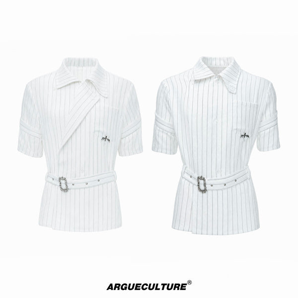 Argue Culture Asymmetric Tie-Waist Stripe Shirt - color view 9