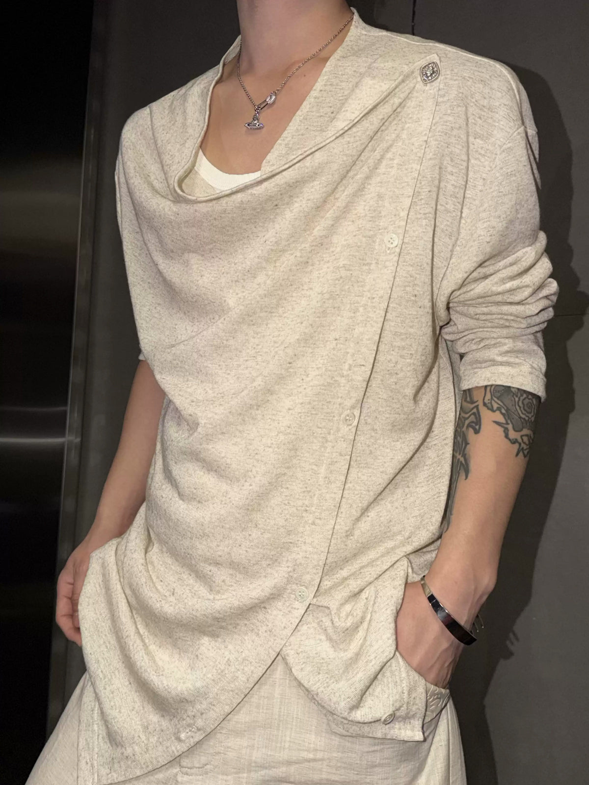 Argue Culture Asymmetric-Button Textured Long-Sleeve Top - gallery view 4