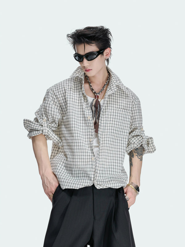 Argue Culture Drawstring-Hem Textured Check Shirt - gallery view 3