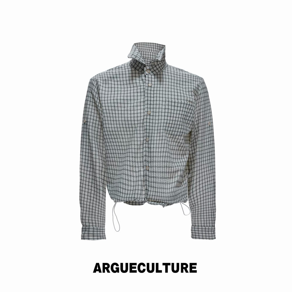 Argue Culture Drawstring-Hem Textured Check Shirt - color view 8