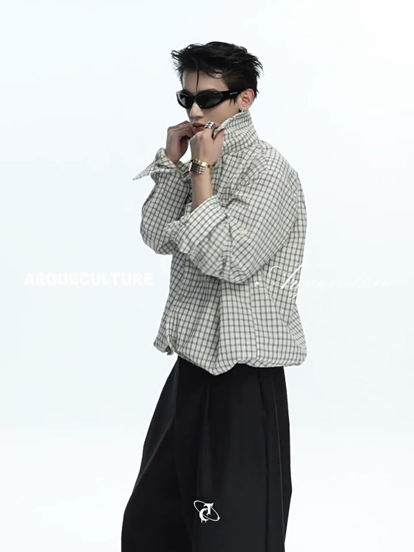 Argue Culture Drawstring-Hem Textured Check Shirt - product detail view 1