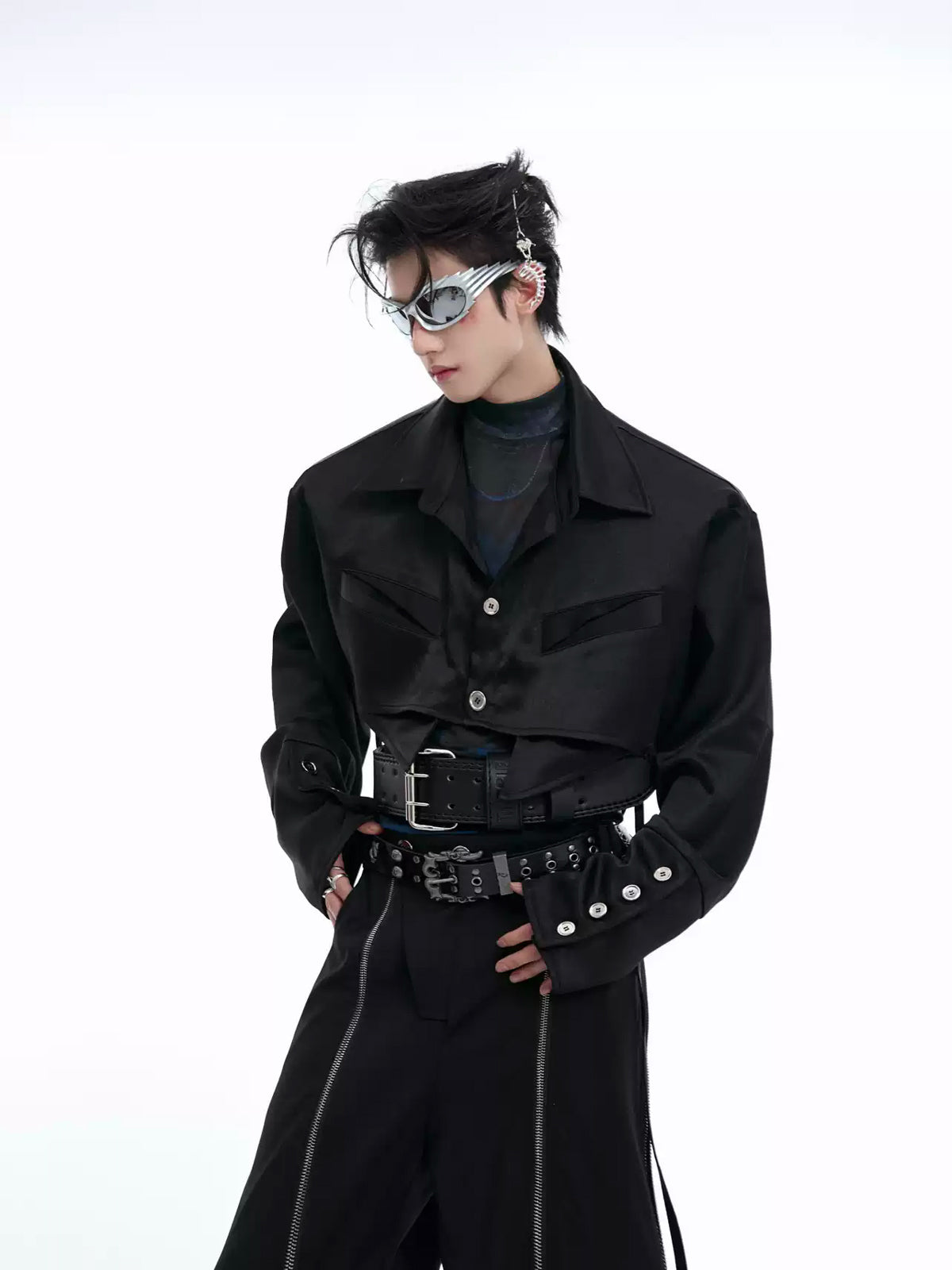 Tie-Detail Cropped Padded-Shoulder Shirt 서브 이미지