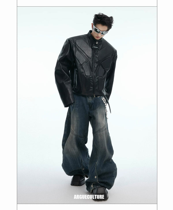Argue Culture Embossed Panel Stand-Collar Moto Jacket - color view 7