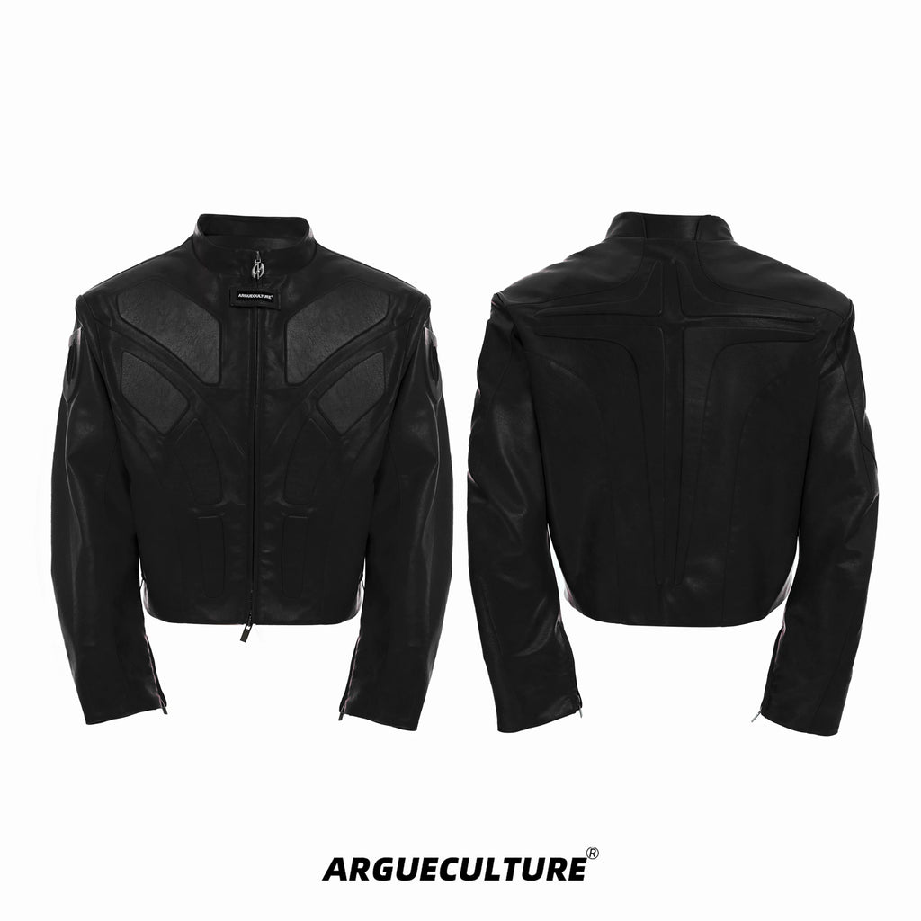 Argue Culture Embossed Panel Stand-Collar Moto Jacket - color view 8