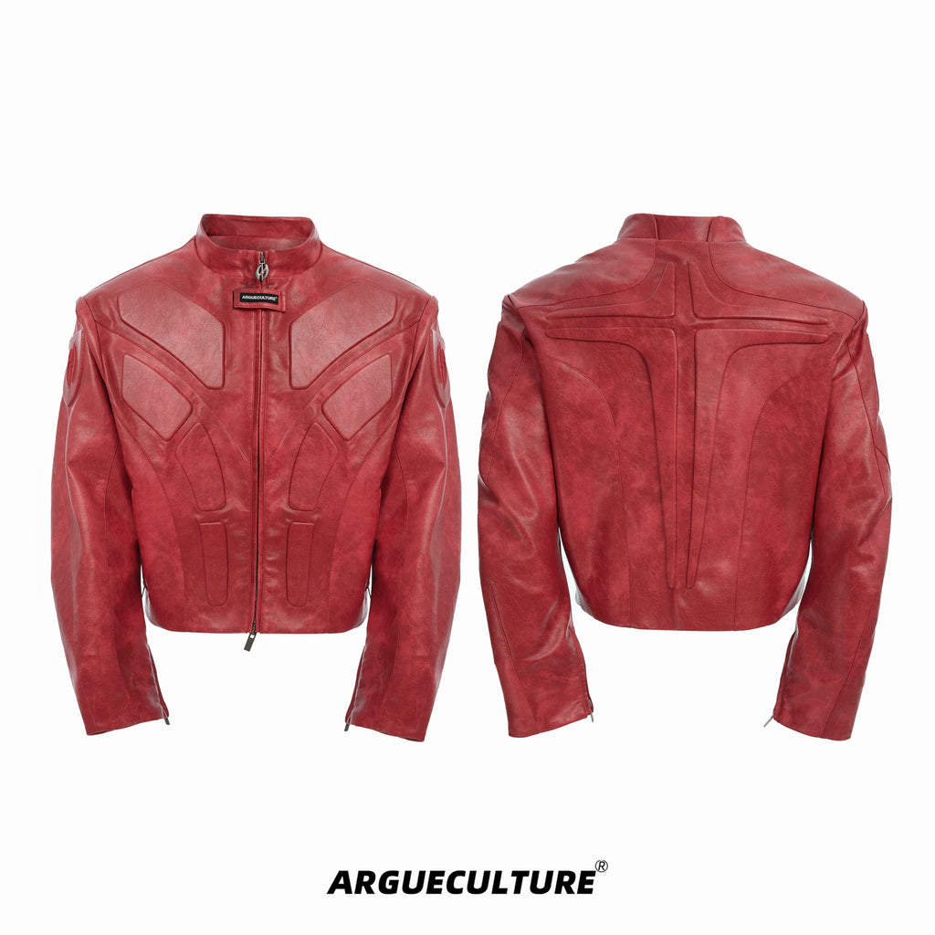 Argue Culture Embossed Panel Stand-Collar Moto Jacket - color view 9