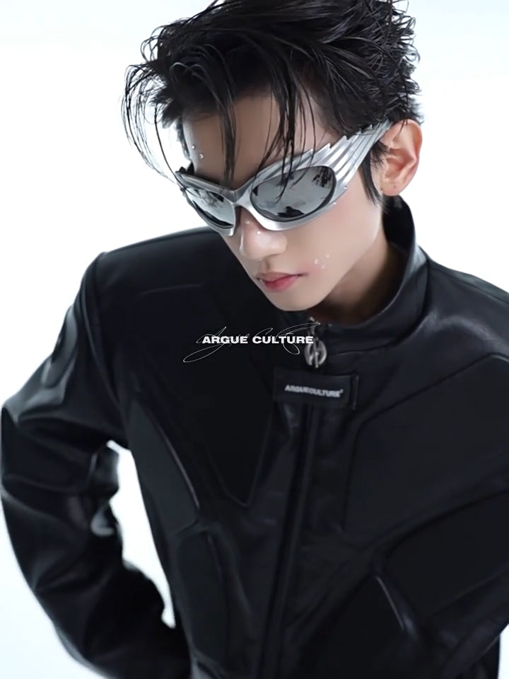 Argue Culture Embossed Panel Stand-Collar Moto Jacket - product detail view 1