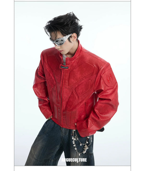 Argue Culture Embossed Panel Stand-Collar Moto Jacket - product detail view 4