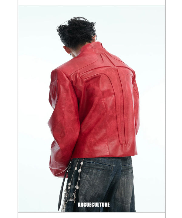Argue Culture Embossed Panel Stand-Collar Moto Jacket - product detail view 5