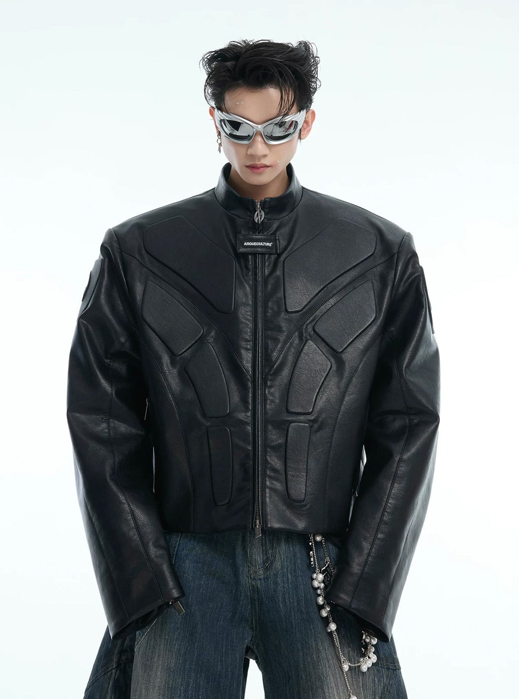 Argue Culture Embossed Panel Stand-Collar Moto Jacket - product detail view 10 메인 이미지