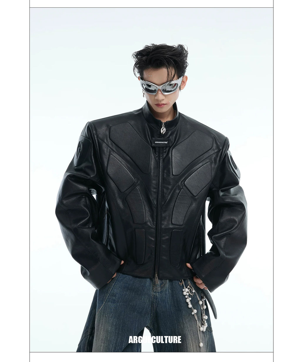 Argue Culture Embossed Panel Stand-Collar Moto Jacket - product detail view 11