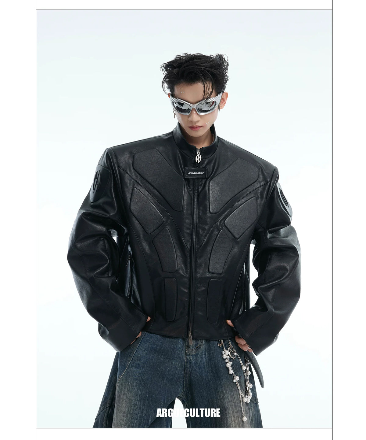 Argue Culture Embossed Panel Stand-Collar Moto Jacket - product detail view 11