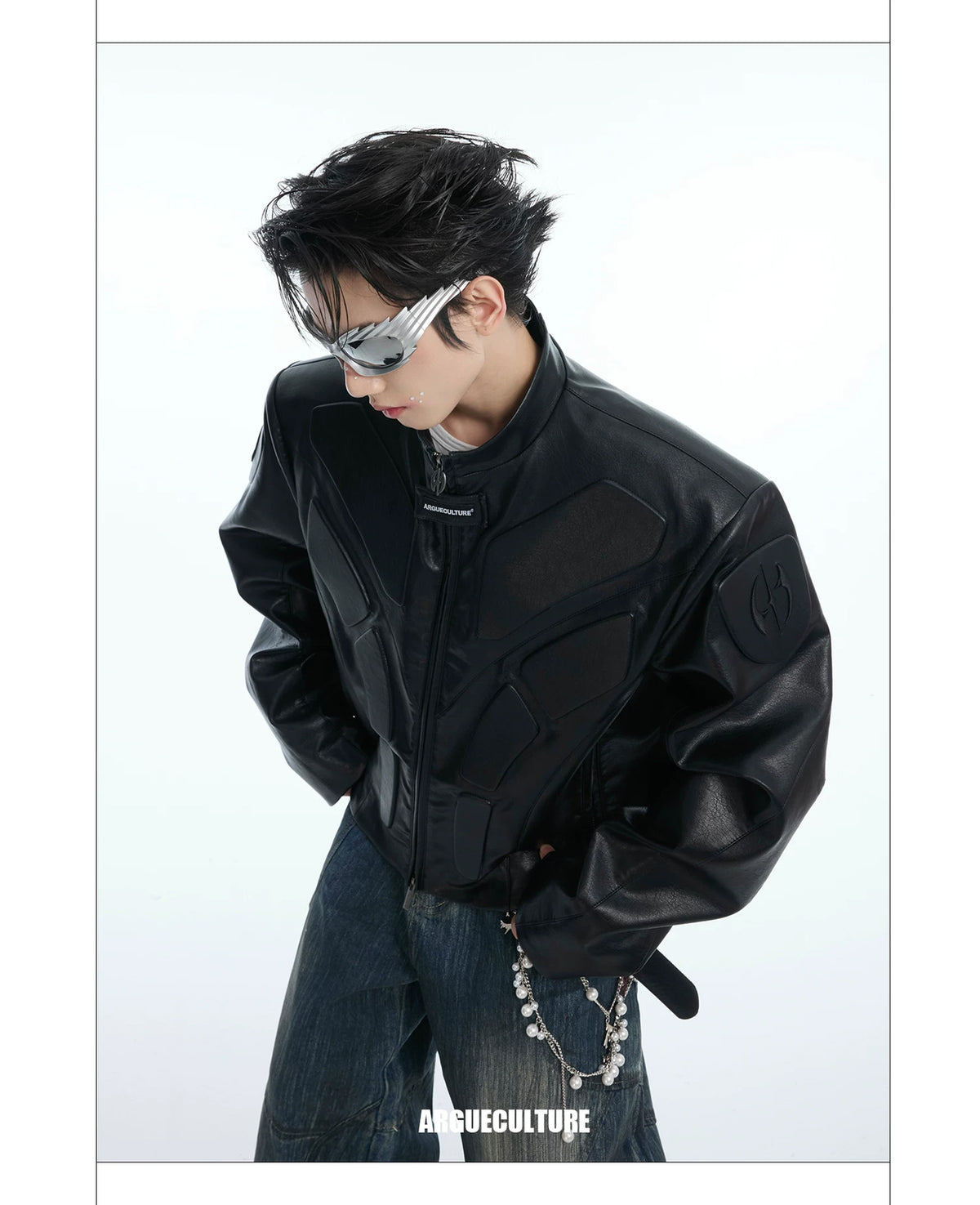 Argue Culture Embossed Panel Stand-Collar Moto Jacket - product detail view 14