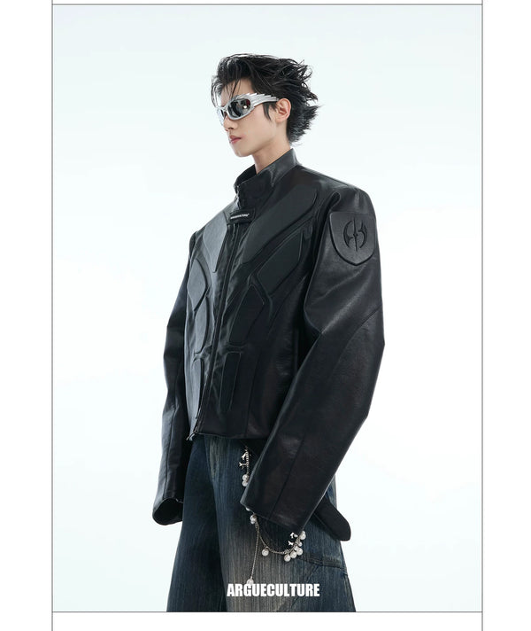 Argue Culture Embossed Panel Stand-Collar Moto Jacket - product detail view 16