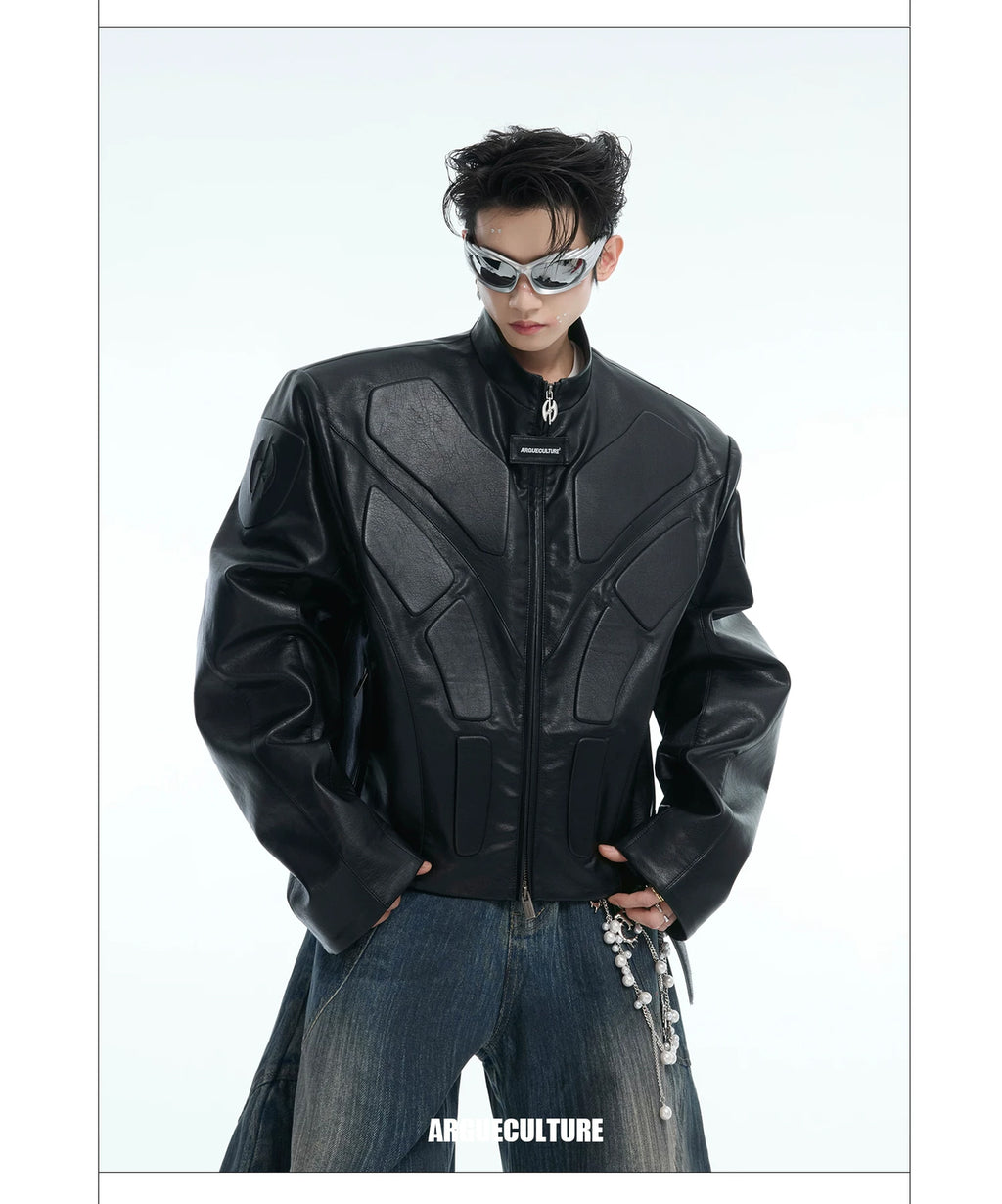 Argue Culture Embossed Panel Stand-Collar Moto Jacket - product detail view 17