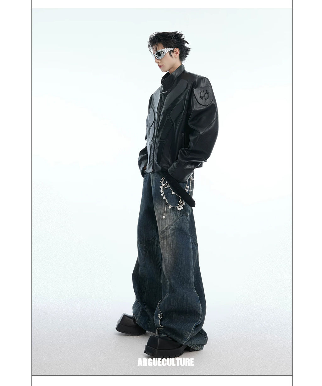 Argue Culture Embossed Panel Stand-Collar Moto Jacket - product detail view 22