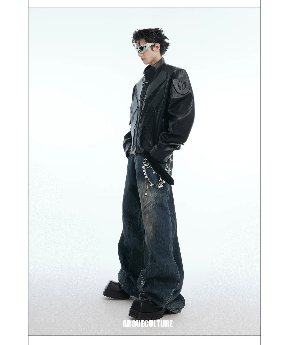 Argue Culture Embossed Panel Stand-Collar Moto Jacket - product detail view 22