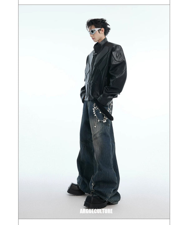 Argue Culture Embossed Panel Stand-Collar Moto Jacket - product detail view 22