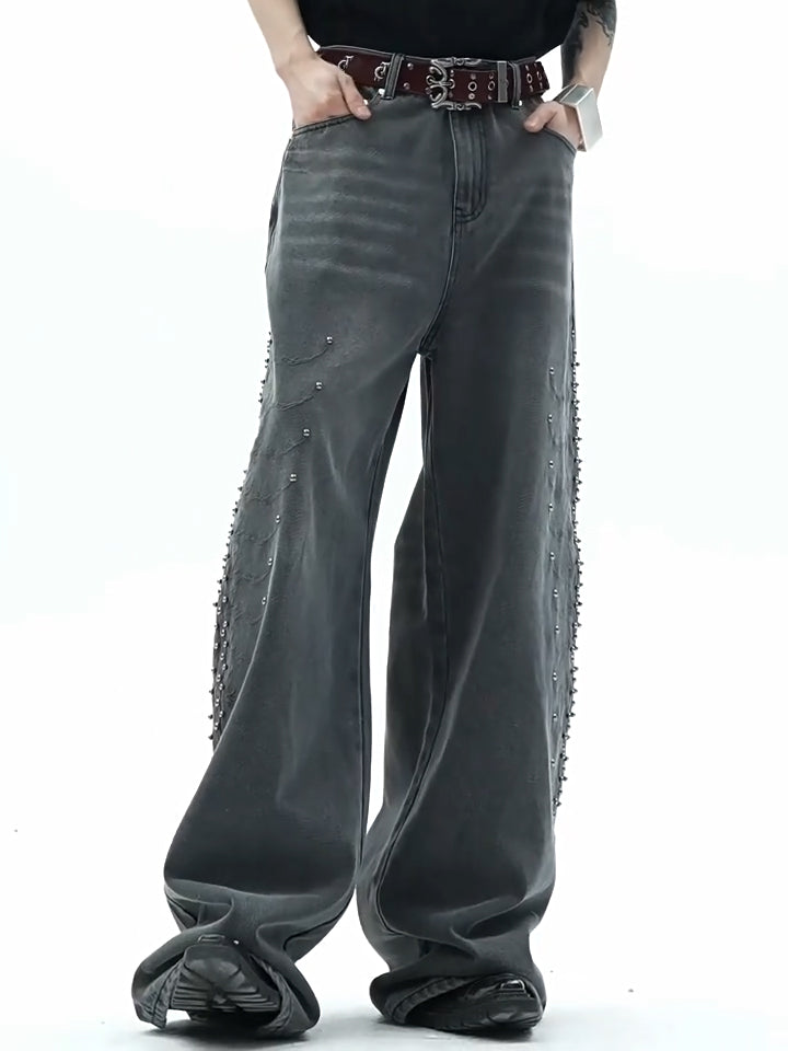 Argue Culture Studded Spine-Panel Washed Jeans - product detail view 1