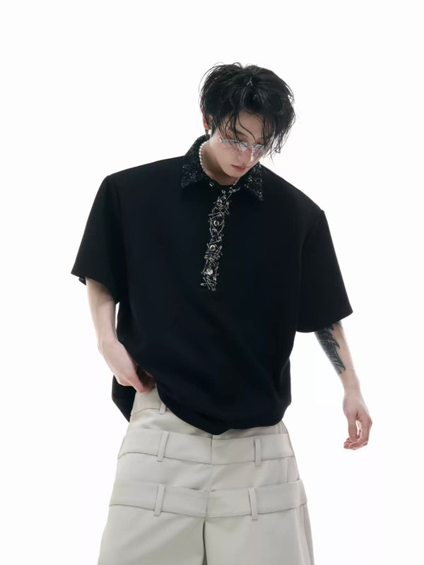 Argue Culture Sequin Square-Collar Pin-Detail Polo Shirt - gallery view 5
