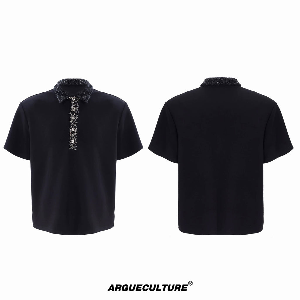 Argue Culture Sequin Square-Collar Pin-Detail Polo Shirt - color view 7