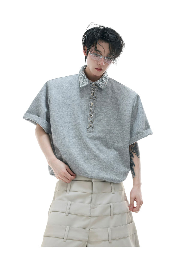 Argue Culture Sequin Square-Collar Pin-Detail Polo Shirt - product detail view 5