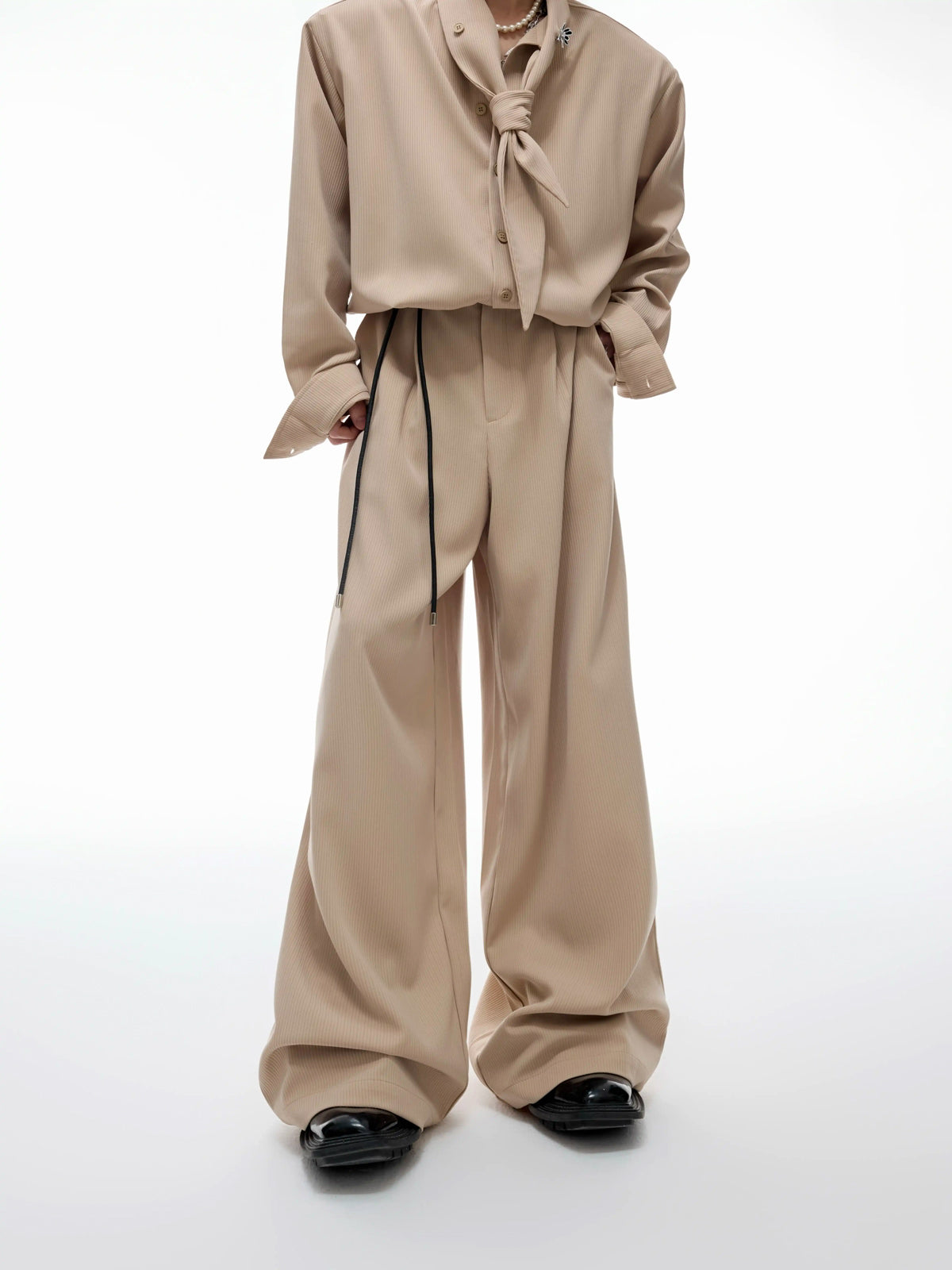 Argue Culture Tie-Neck Padded-Shoulder Shirt and Ribbed Pants Set - gallery view 4