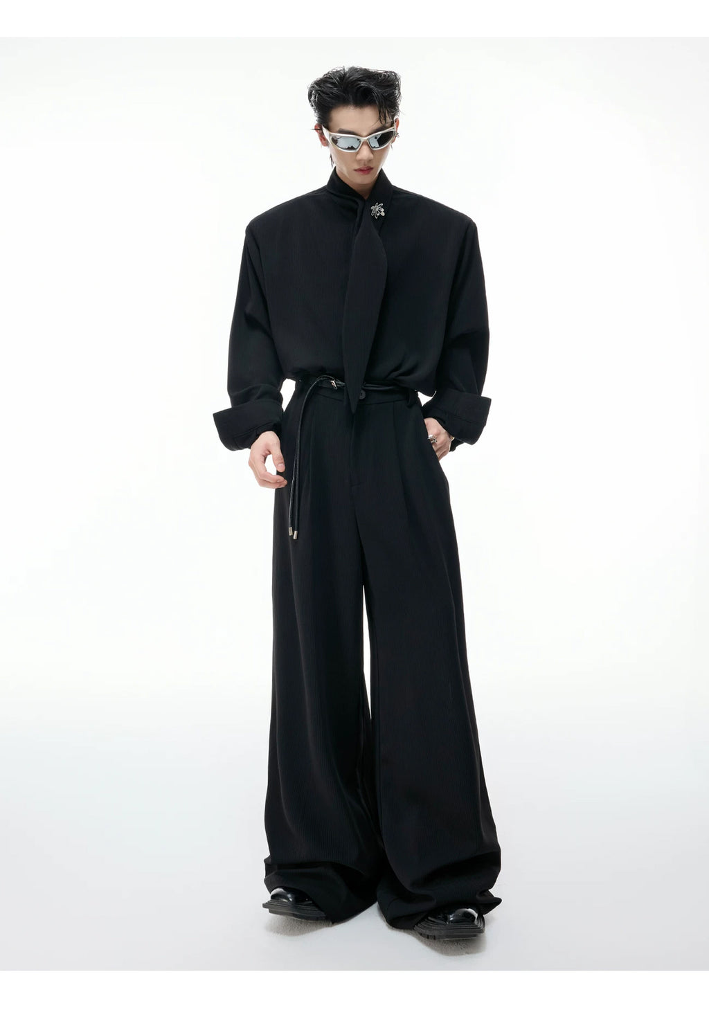 Argue Culture Tie-Neck Padded-Shoulder Shirt and Ribbed Pants Set - product detail view 8