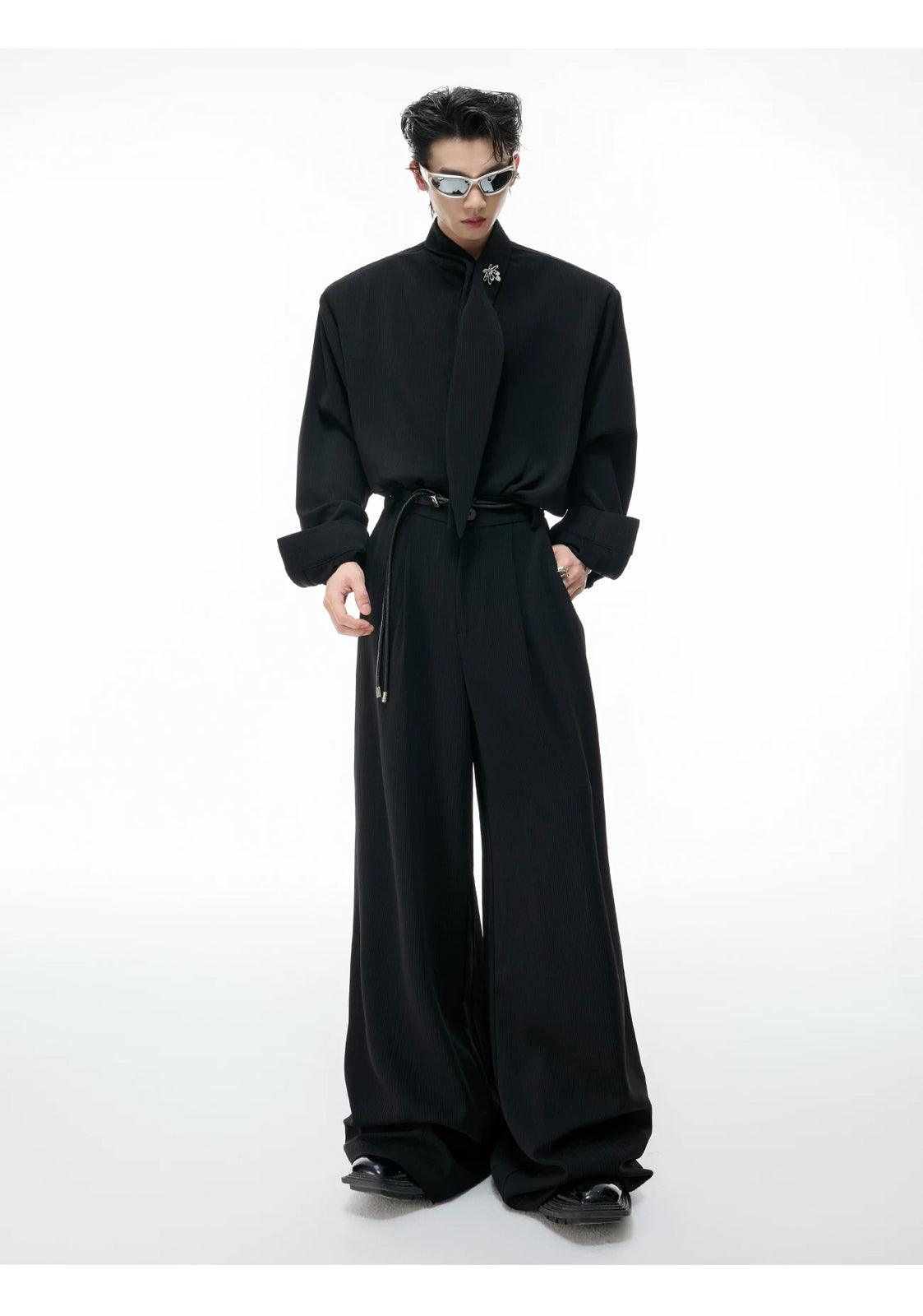 Argue Culture Tie-Neck Padded-Shoulder Shirt and Ribbed Pants Set - product detail view 8