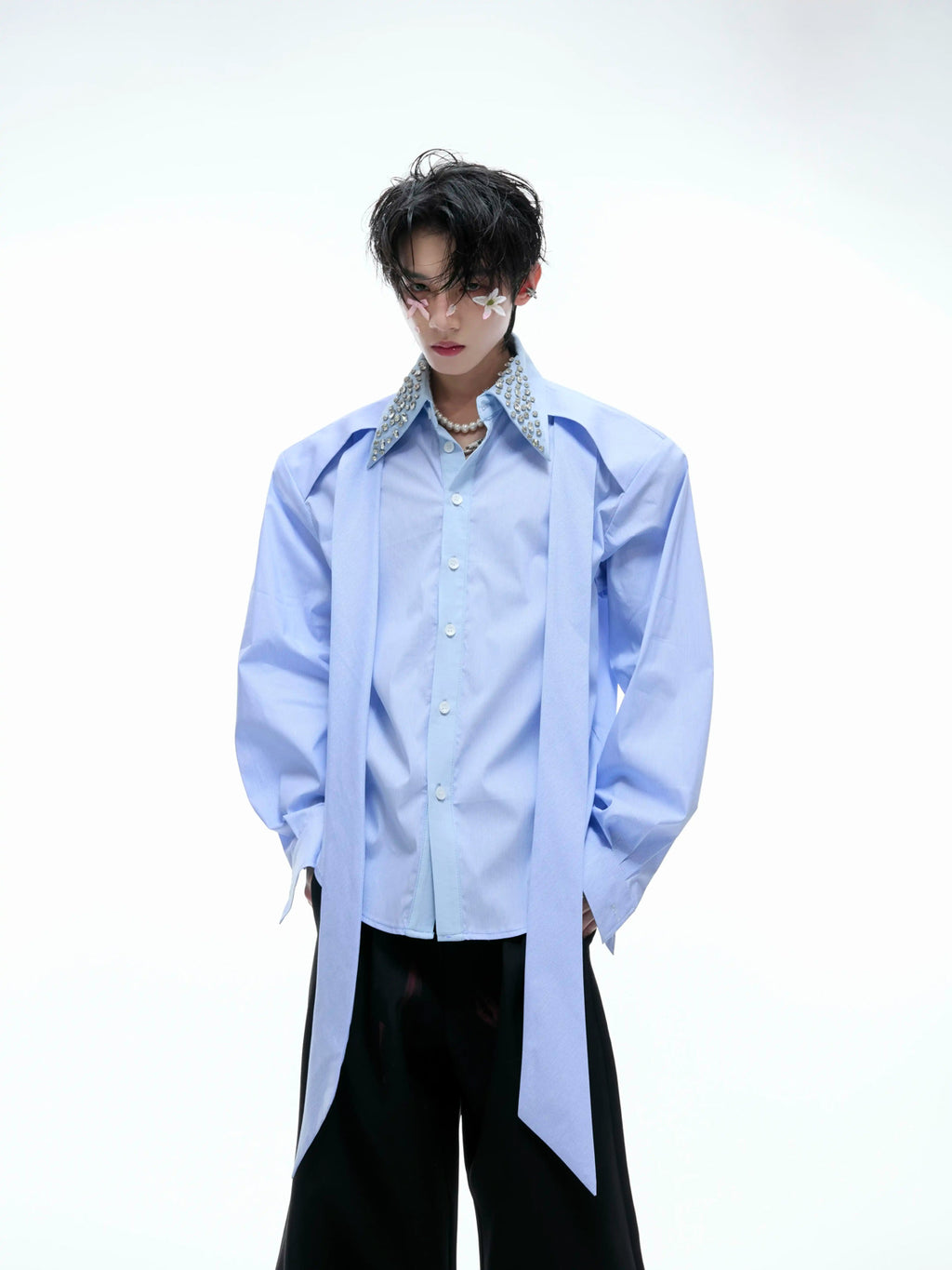 Argue Culture Rhinestone-Collar Contrast-Panel Shirt - gallery view 2