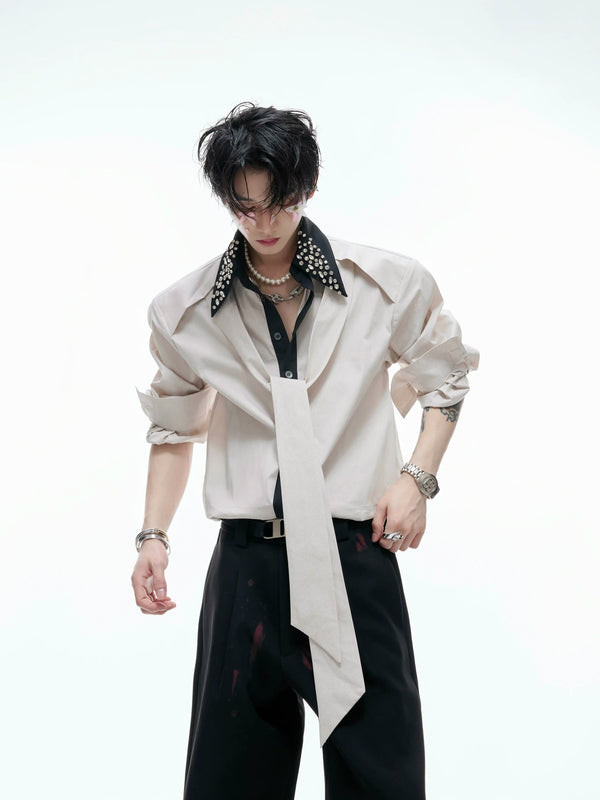 Argue Culture Rhinestone-Collar Contrast-Panel Shirt - gallery view 3