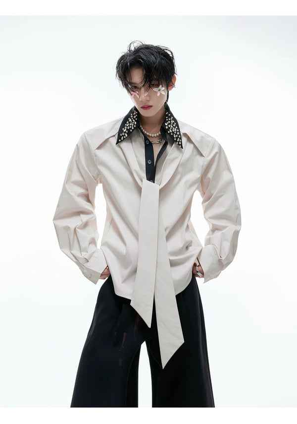 Argue Culture Rhinestone-Collar Contrast-Panel Shirt - product detail view 7