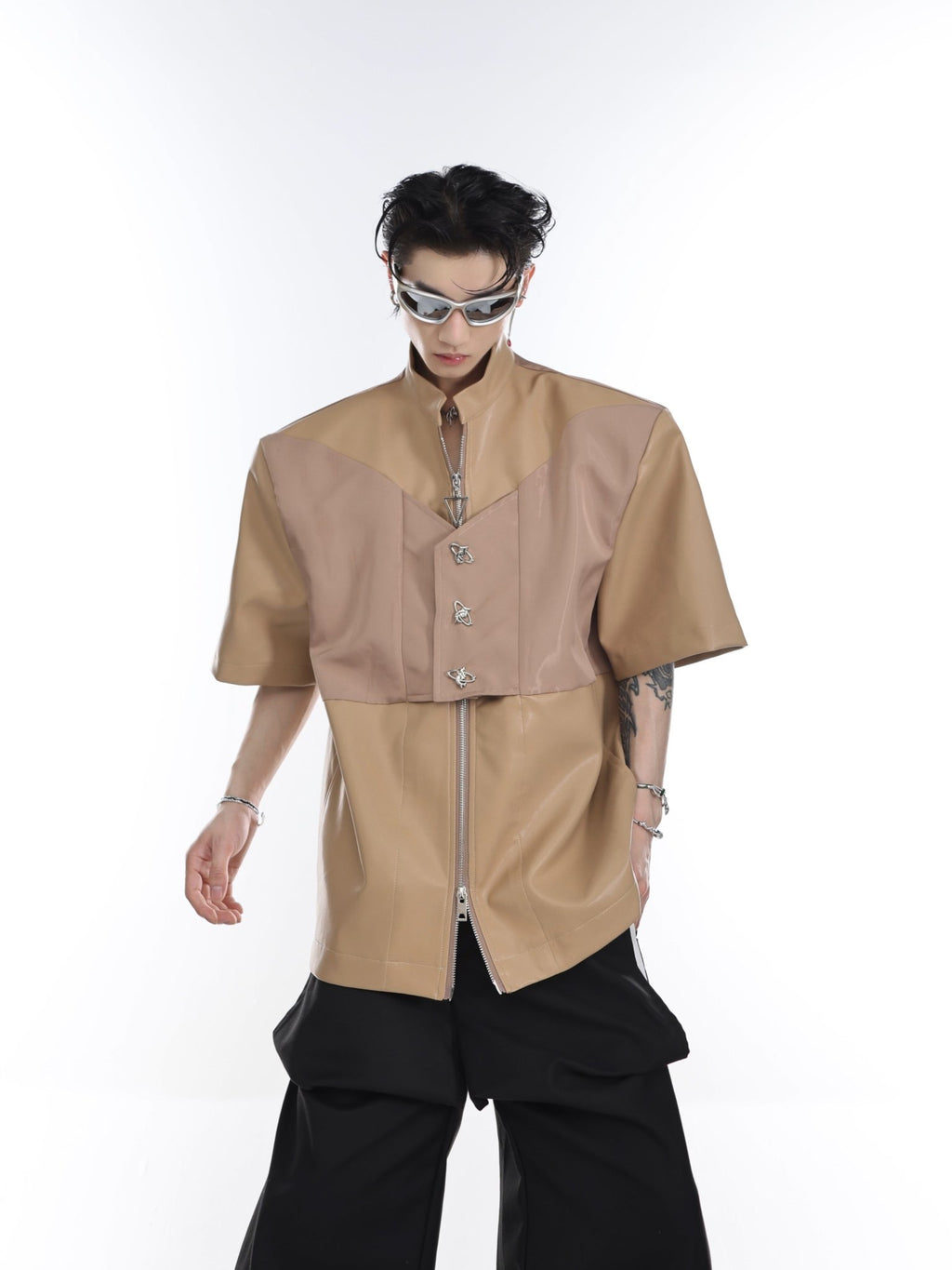ArguE CulturE Metal Button Patchwork PU Jacket - COPPING THREADS - ArguE CulturE