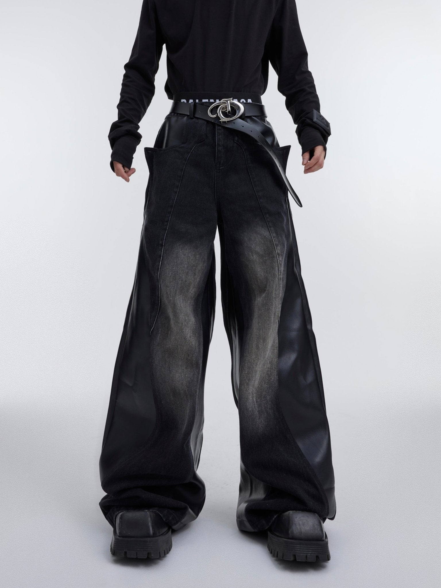 ArguE CulturE PU Leather Washed Patchwork Contrast Denim Secondary image