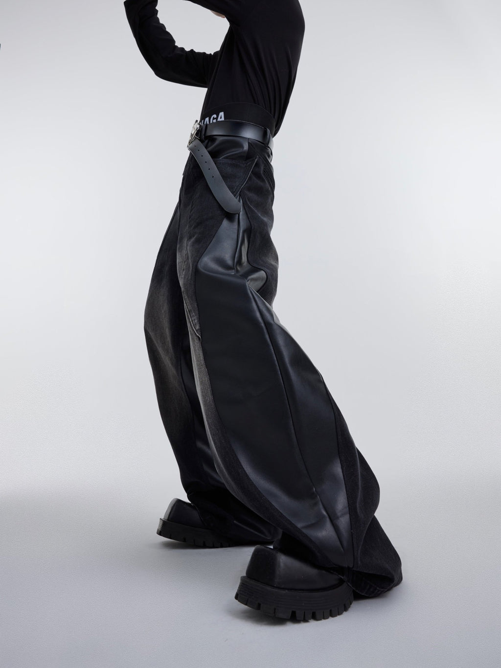 ArguE CulturE PU Leather Washed Patchwork Contrast Denim - COPPING THREADS - ArguE CulturE