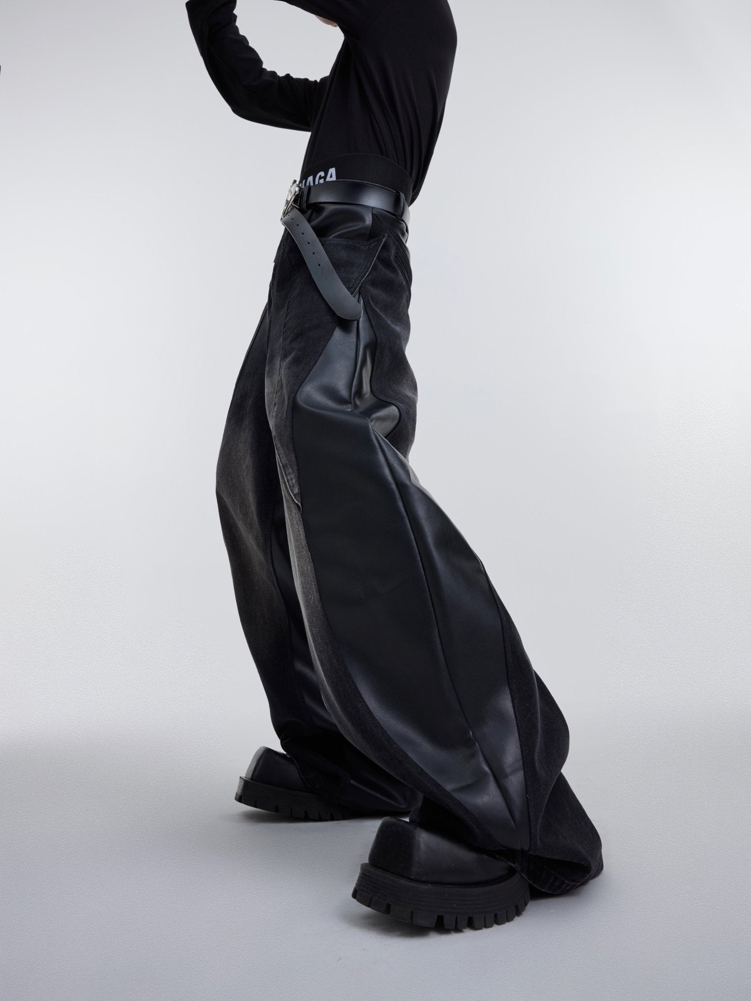 ArguE CulturE PU Leather Washed Patchwork Contrast Denim - COPPING THREADS - ArguE CulturE