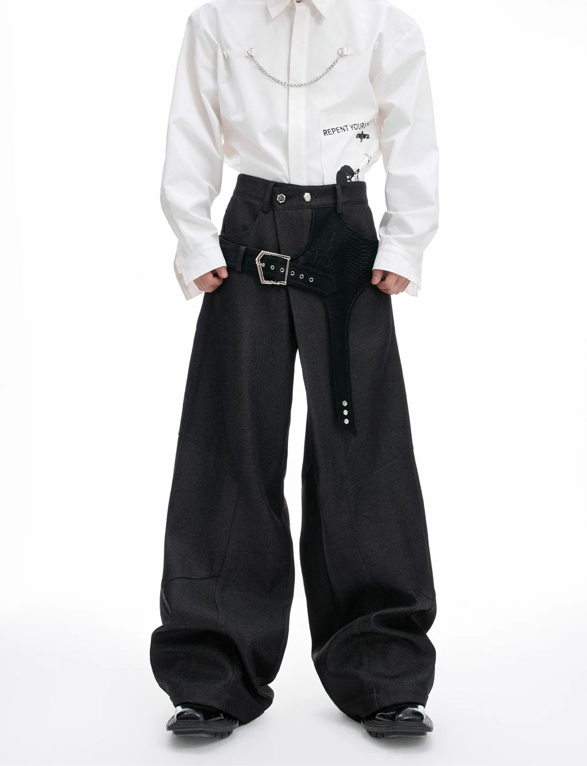 Argue Culture Croc-Trim Straight-Leg Tailored Pants - product detail view 1