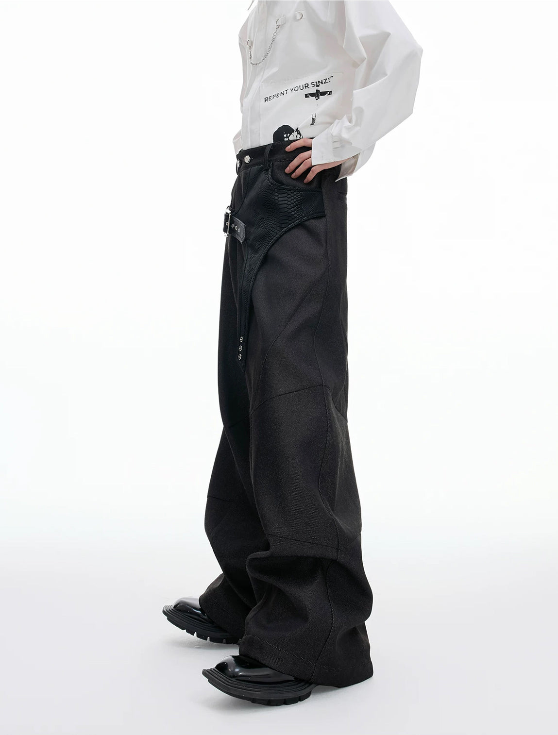 Argue Culture Croc-Trim Straight-Leg Tailored Pants - product detail view 2