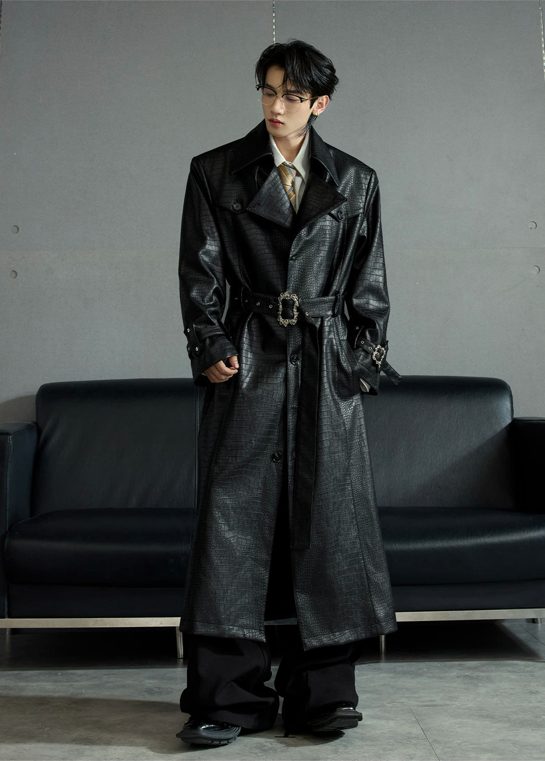 Argue Culture Croc-Embossed Belted Long Coat - color view 7