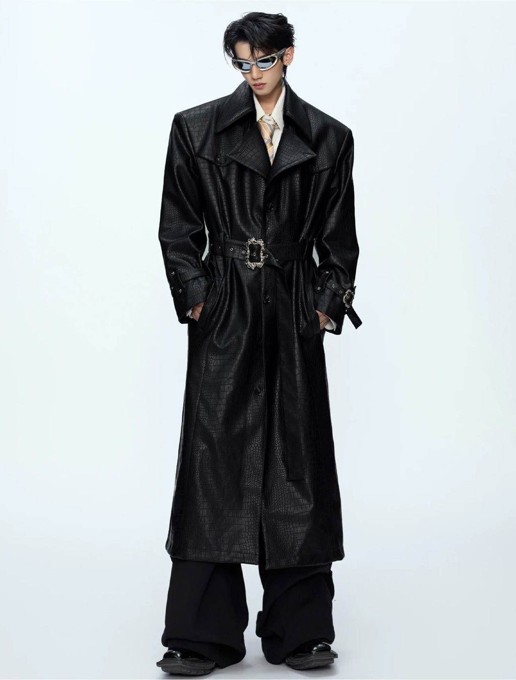 Argue Culture Croc-Embossed Belted Long Coat - product detail view 1