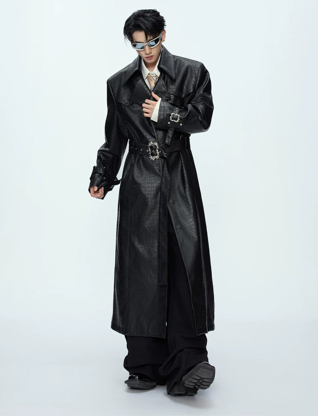 Argue Culture Croc-Embossed Belted Long Coat - product detail view 3