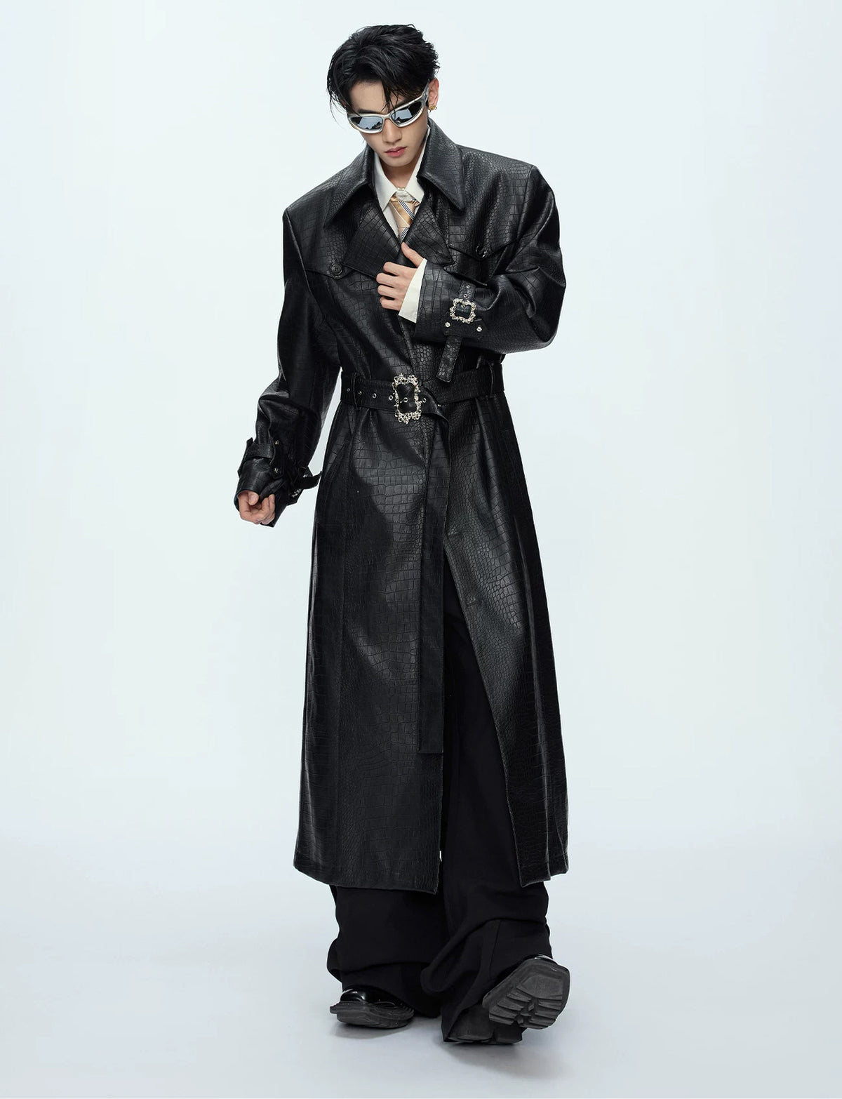 Argue Culture Croc-Embossed Belted Long Coat - product detail view 3
