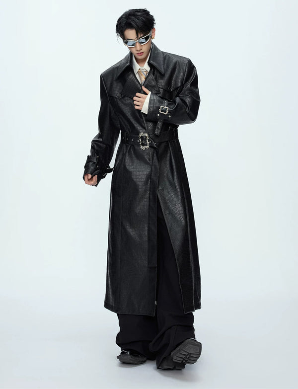 Argue Culture Croc-Embossed Belted Long Coat - product detail view 3