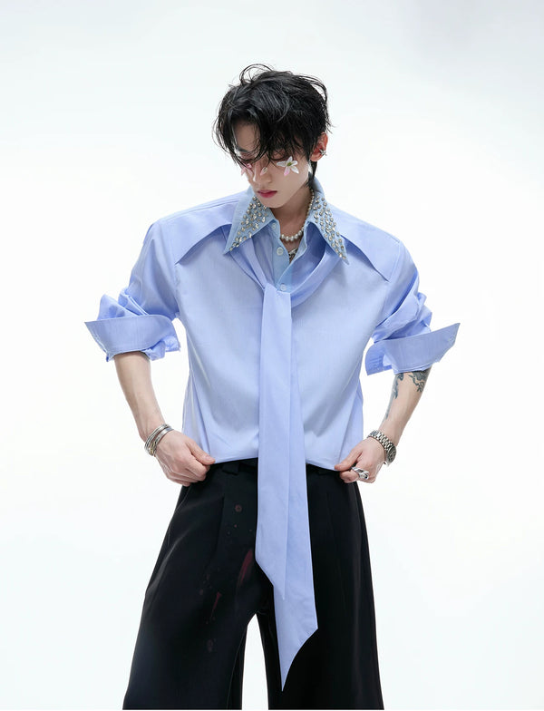 Argue Culture Rhinestone-Collar Contrast-Panel Shirt - product detail view 3