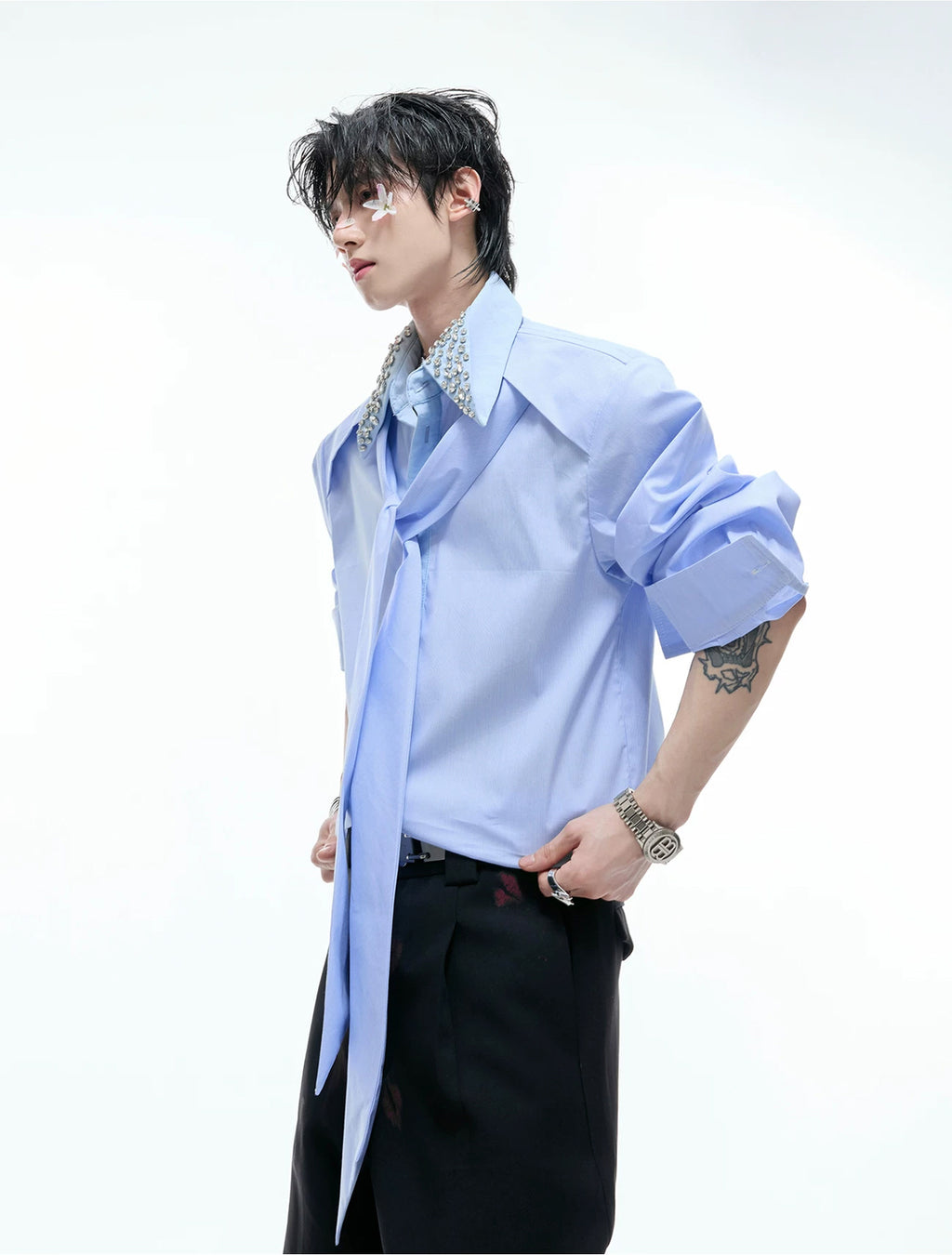 Argue Culture Rhinestone-Collar Contrast-Panel Shirt - product detail view 5