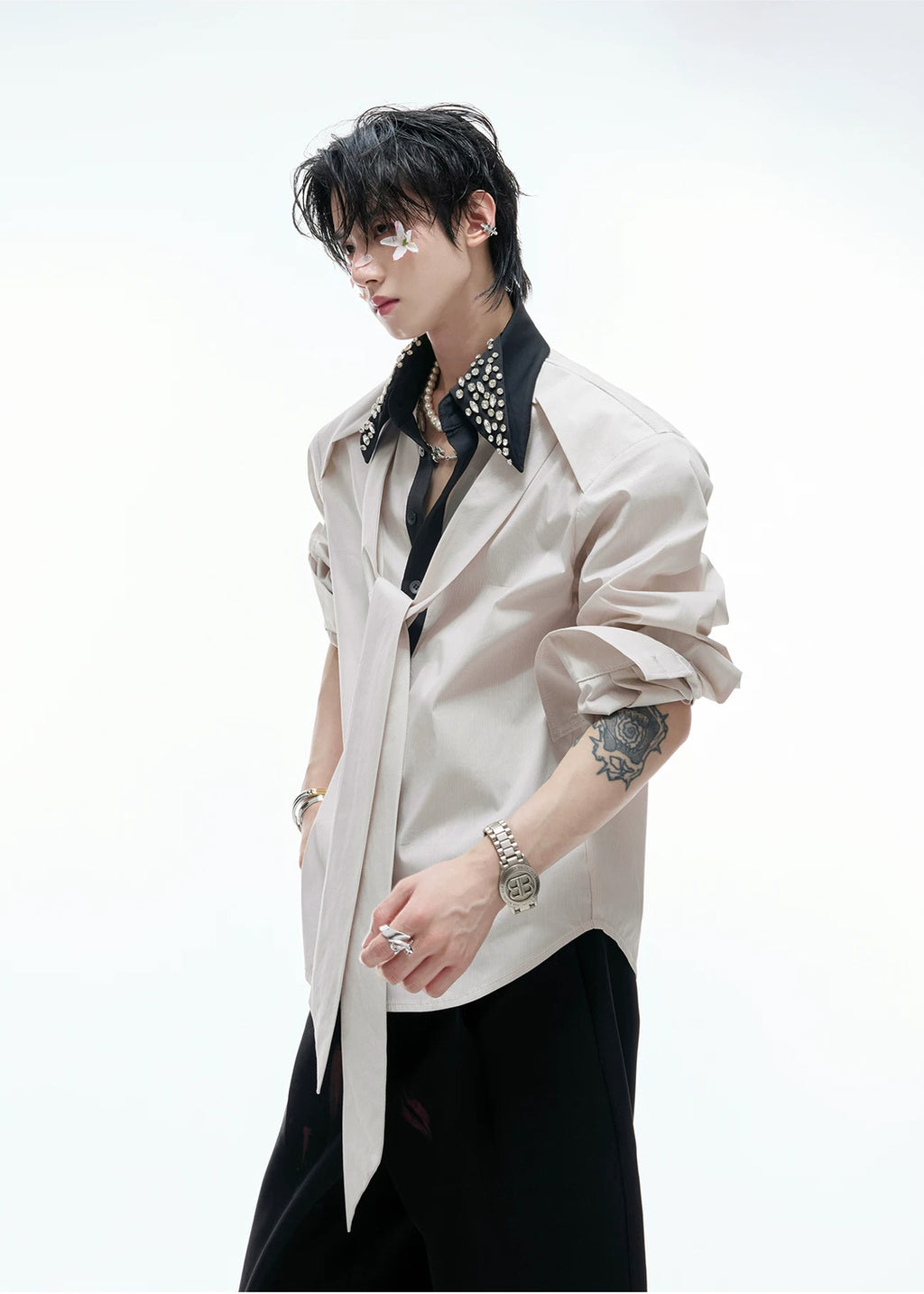 Argue Culture Rhinestone-Collar Contrast-Panel Shirt - product detail view 6
