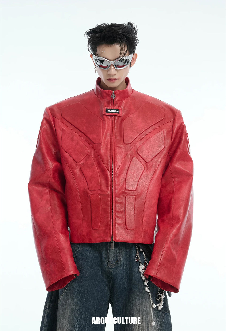 Argue Culture Embossed Panel Stand-Collar Moto Jacket - product detail view 3