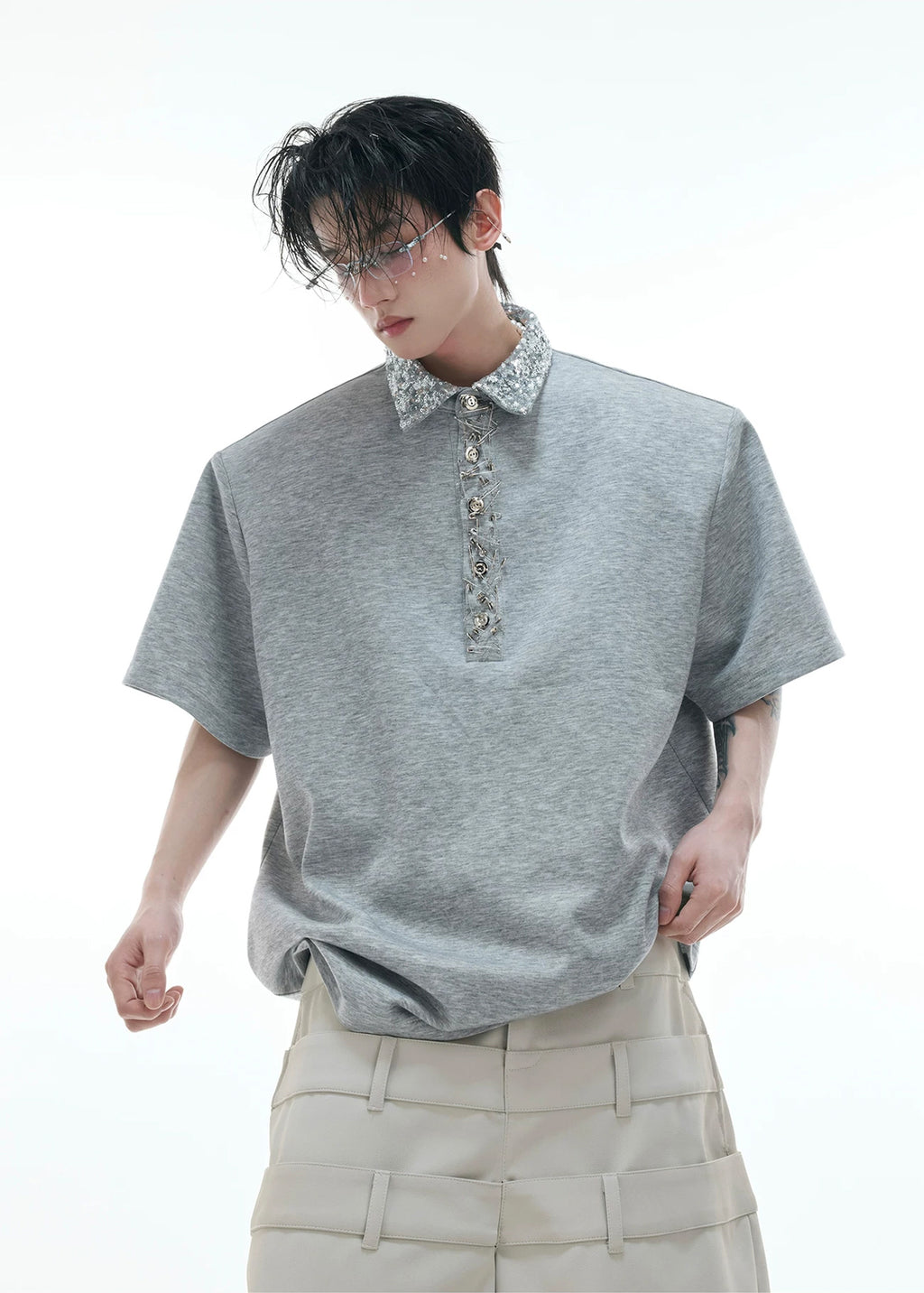Argue Culture Sequin Square-Collar Pin-Detail Polo Shirt - product detail view 4