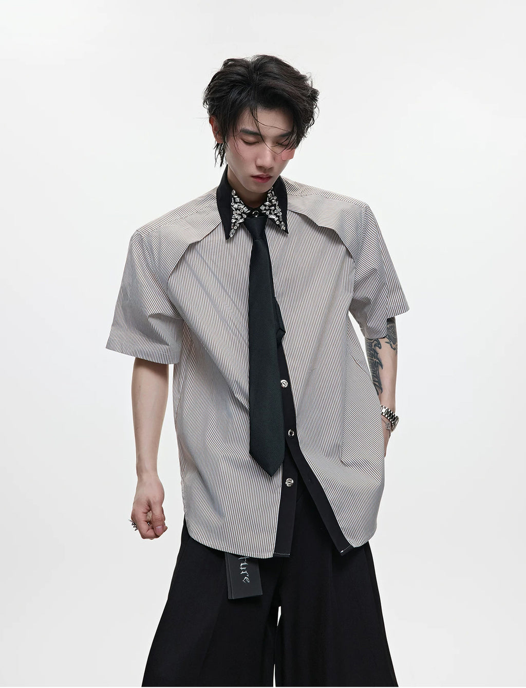 Argue Culture Rhinestone Stripe Tie-Collar Shirt - product detail view 2